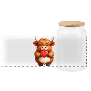 Kleine Highland Kuh mit rotem Herz - Comic-Design - Panorama Keksdose mit Holzdeckel - Weiß - Vorne