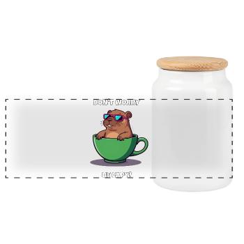 Mach dir keine Sorgen, sei Capy – Süße Capybara in einer Teetasse - Panorama Keksdose mit Holzdeckel - Weiß - Vorne