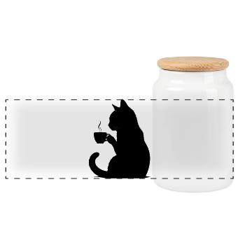 Minimalist Black Cat Drinking Coffee - Panoramic Cookie Jar with Wooden Lid - white - Front