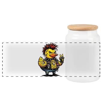 Male Punk Rubber Duck with Mohawk - Panoramic Cookie Jar with Wooden Lid - white - Front