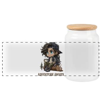 Hiker Chibi Camping Adventure Gift - Panoramic Cookie Jar with Wooden Lid - white - Front