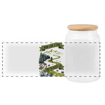 Female Runner - I Run Like a Girl, Try to Keep Up - Panoramic Cookie Jar with Wooden Lid - white - Front