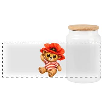Cute Teddy Bear with Poppy Hat & Floral Glasses - Panoramic Cookie Jar with Wooden Lid - white - Front