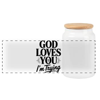 God Loves You I'm Trying - Panoramic Cookie Jar with Wooden Lid - white - Front