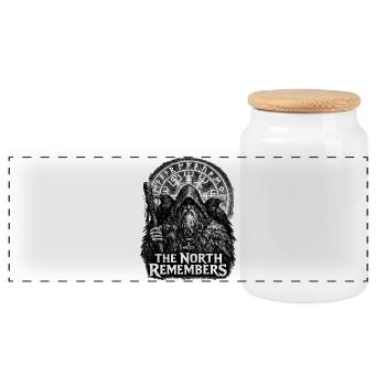 Nordic Rune Guardian in Raven Cloak - Panoramic Cookie Jar with Wooden Lid - white - Front
