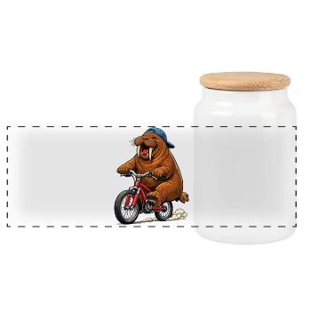 Walrus on the bike - Panoramic Cookie Jar with Wooden Lid - white - Front