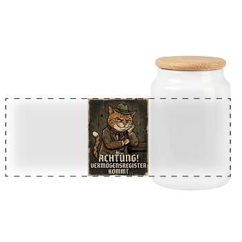 Achtung! Vermögensregister kommt - Ashera Katze - Panorama Keksdose mit Holzdeckel - Weiß - Vorne