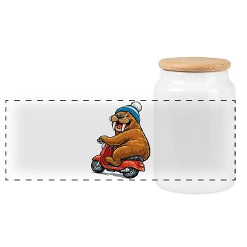 Walrus on the scooter - Panoramic Cookie Jar with Wooden Lid - white - Front