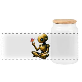Goldener Roboter mit Schmetterling - Panorama Keksdose mit Holzdeckel - Weiß - Vorne