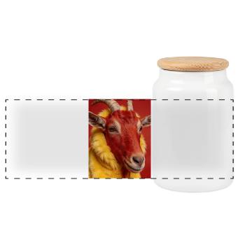 Red goat with yellow fur - Panoramic Cookie Jar with Wooden Lid - white - Front