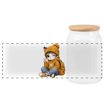 Kawaii-Kätzchen im gelben Hoodie - Panorama Keksdose mit Holzdeckel - Weiß - Vorne