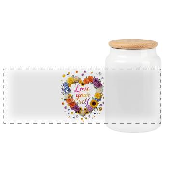 Love Your Self Blütenherz Design - Panorama Keksdose mit Holzdeckel - Weiß - Vorne