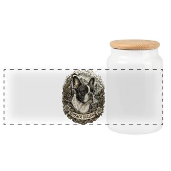 Französische Bulldogge im Vintage Stil - Panorama Keksdose mit Holzdeckel - Weiß - Vorne