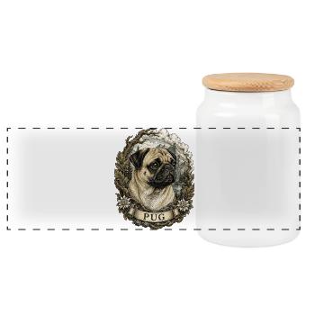 Mops im Vintage Stil mit Berglandschaft - Panorama Keksdose mit Holzdeckel - Weiß - Vorne