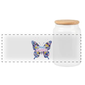 Floral Butterfly Stay Positive - Panoramic Cookie Jar with Wooden Lid - white - Front