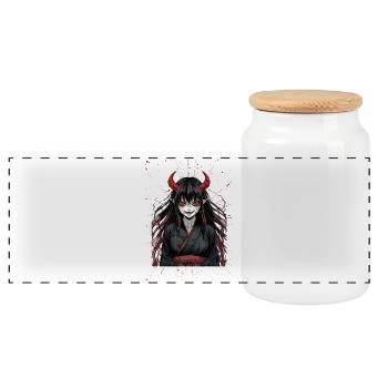 Demonic Kimono Heroine with Red Horns - Panoramic Cookie Jar with Wooden Lid - white - Front