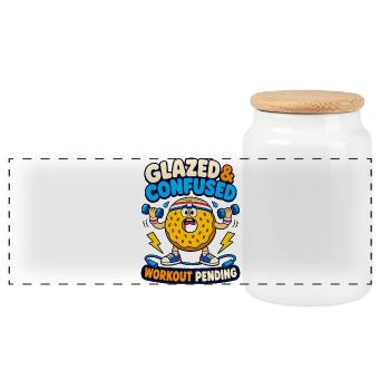 Glazed & Confused Workout Pending - Panoramic Cookie Jar with Wooden Lid - white - Front