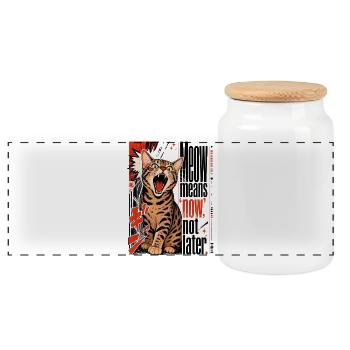 Meow Means 'Now', Not Later – Lautstarke Bengal - Panoramic Cookie Jar with Wooden Lid - white - Front