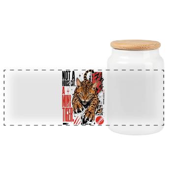 Not a House Cat, A small Tiger – Predator Bengal - Panoramic Cookie Jar with Wooden Lid - white - Front