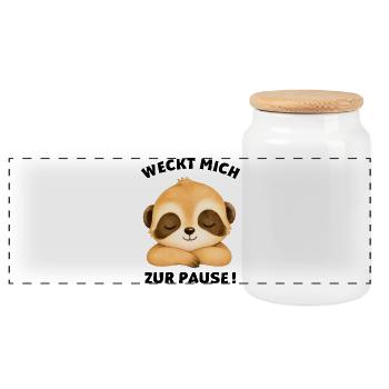 Klassentier Erdmännchen "Weckt mich zur Pause!" - Panorama Keksdose mit Holzdeckel - Weiß - Vorne