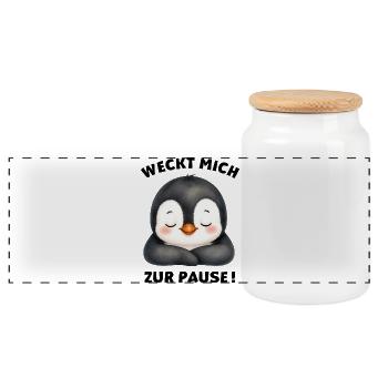 Klassentier Pinguin "Weckt mich zur Pause!" - Panorama Keksdose mit Holzdeckel - Weiß - Vorne
