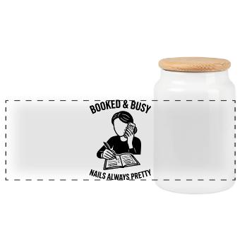 booked and busy nails pretty - Panoramic Cookie Jar with Wooden Lid - white - Front