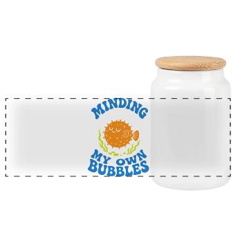 Minding My Own Bubbles Puffer Fish - Panoramic Cookie Jar with Wooden Lid - white - Front
