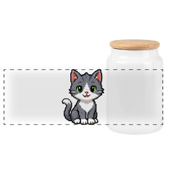 Pixel Kitten Gray Cat - Panoramic Cookie Jar with Wooden Lid - white - Front