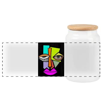 Neon Geometric Face Pop Art - Panoramic Cookie Jar with Wooden Lid - white - Front