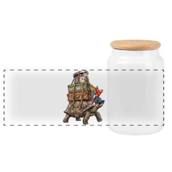 Turtle travelling with cat & parrot - Panoramic Cookie Jar with Wooden Lid - white - Front
