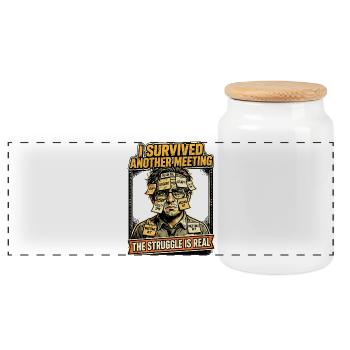 Meeting Survives Office Stress Humor - Panoramic Cookie Jar with Wooden Lid - white - Front