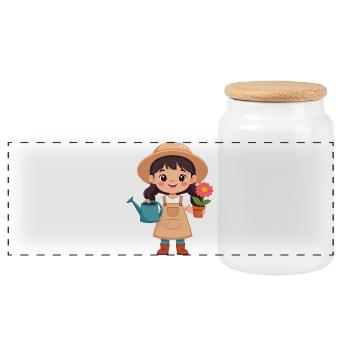 Kawaii Gardener – Cute Nature Heroine Art - Panoramic Cookie Jar with Wooden Lid - white - Front