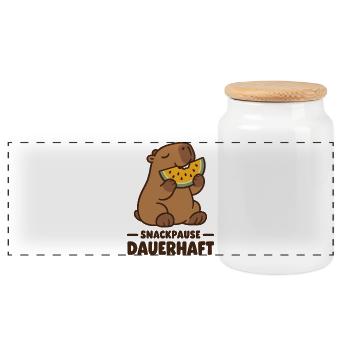 Snackpause dauerhaft Wasserschwein Melone - Panorama Keksdose mit Holzdeckel - Weiß - Vorne