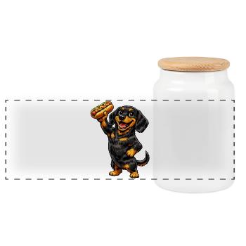 Dackel mit Hot dog - Panorama Keksdose mit Holzdeckel - Weiß - Vorne