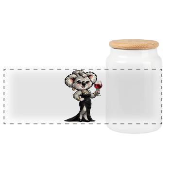 Koala-Dame im Abendkleid mit Rotwein - Panorama Keksdose mit Holzdeckel - Weiß - Vorne
