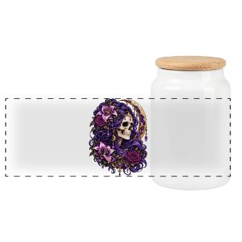 Schädelfrau, Mondblumen, Lila, Gotisch, - Panorama Keksdose mit Holzdeckel - Weiß - Vorne