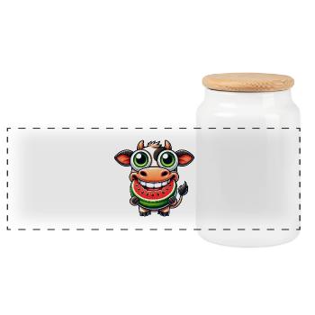 Cute cow bull cartoon with watermelon - Panoramic Cookie Jar with Wooden Lid - white - Front