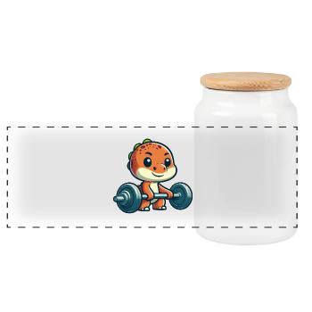 Cute Dino T-Rex Barbell Workout - Panoramic Cookie Jar with Wooden Lid - white - Front