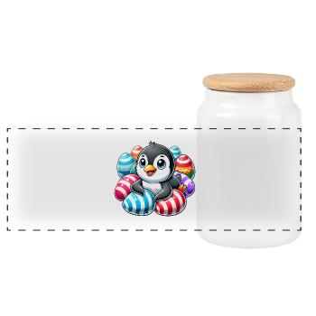 Cute Easter Penguin with Egg Cartoon - Panoramic Cookie Jar with Wooden Lid - white - Front
