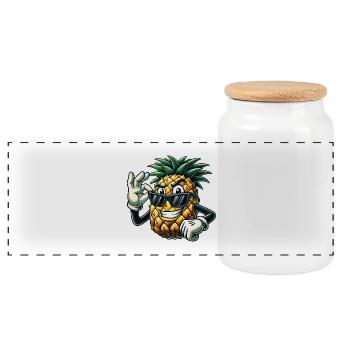 Pineapple Fruit Comic with Sunglasses - Panoramic Cookie Jar with Wooden Lid - white - Front