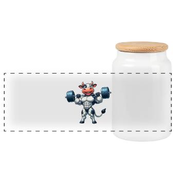 Strong Cow Dumbbell Workout Fitness Training - Panoramic Cookie Jar with Wooden Lid - white - Front