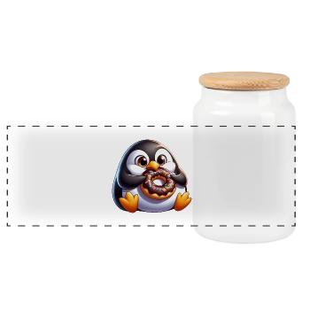 Süßer pummeliger Pinguin mit Donut Cartoon - Panorama Keksdose mit Holzdeckel - Weiß - Vorne
