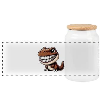 Funny Dino T-Rex Laughing Cartoon Character - Panoramic Cookie Jar with Wooden Lid - white - Front