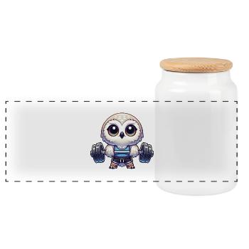 Owl Snow Owl Fitness Workout Barbell - Panoramic Cookie Jar with Wooden Lid - white - Front