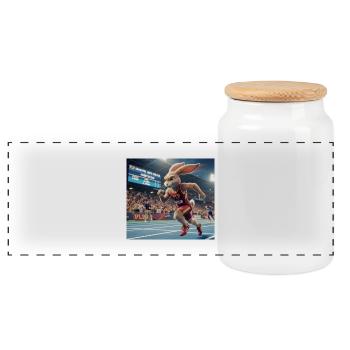 Rabbit Sprint on the Track - Panoramic Cookie Jar with Wooden Lid - white - Front