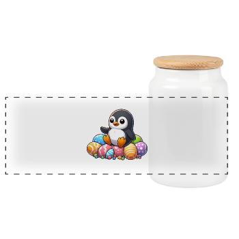 Cute Cartoon Penguin with Easter Egg - Panoramic Cookie Jar with Wooden Lid - white - Front