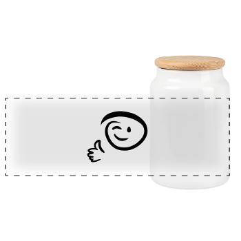 Le visage fait un clin d’œil, lève le pouce. Émoticône. - Boîte à biscuits avec couvercle en bois - blanc - Devant