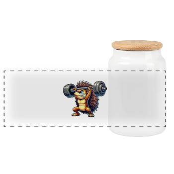 Strong hedgehog weightlifter with dumbbell comic animal - Panoramic Cookie Jar with Wooden Lid - white - Front
