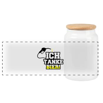 I fill up with beer - Panoramic Cookie Jar with Wooden Lid - white - Front