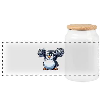 Pinguin Hantel Training Lustig Süß Fitness - Panorama Keksdose mit Holzdeckel - Weiß - Vorne